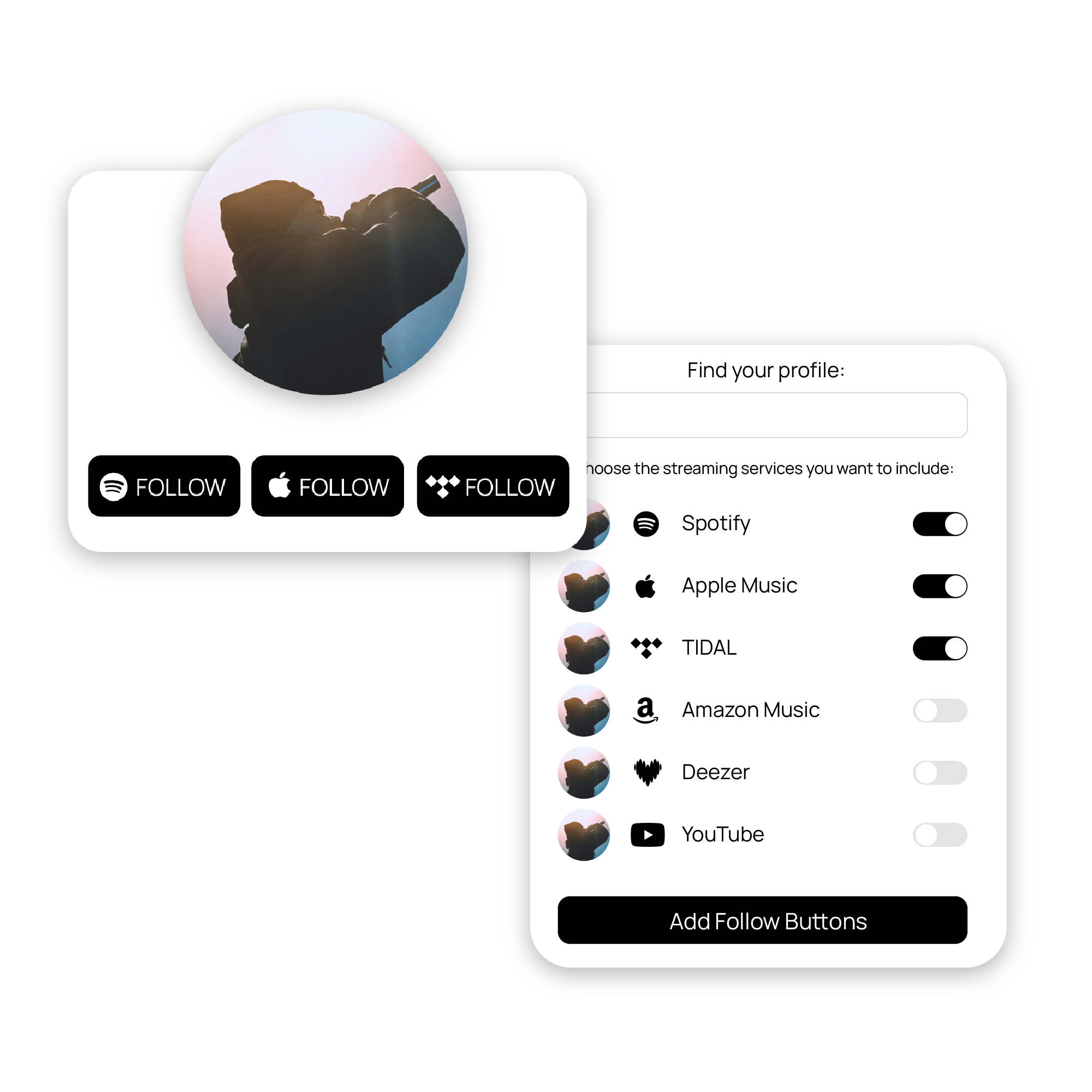 embeded follow buttons for Spotify Apple Music and more