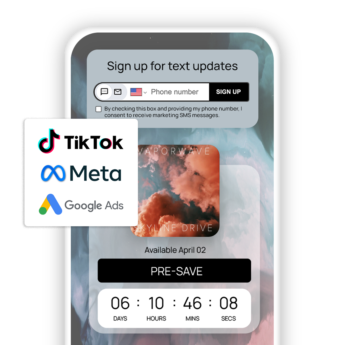 landing page with TikTok, Meta, and Google Ads retargeting