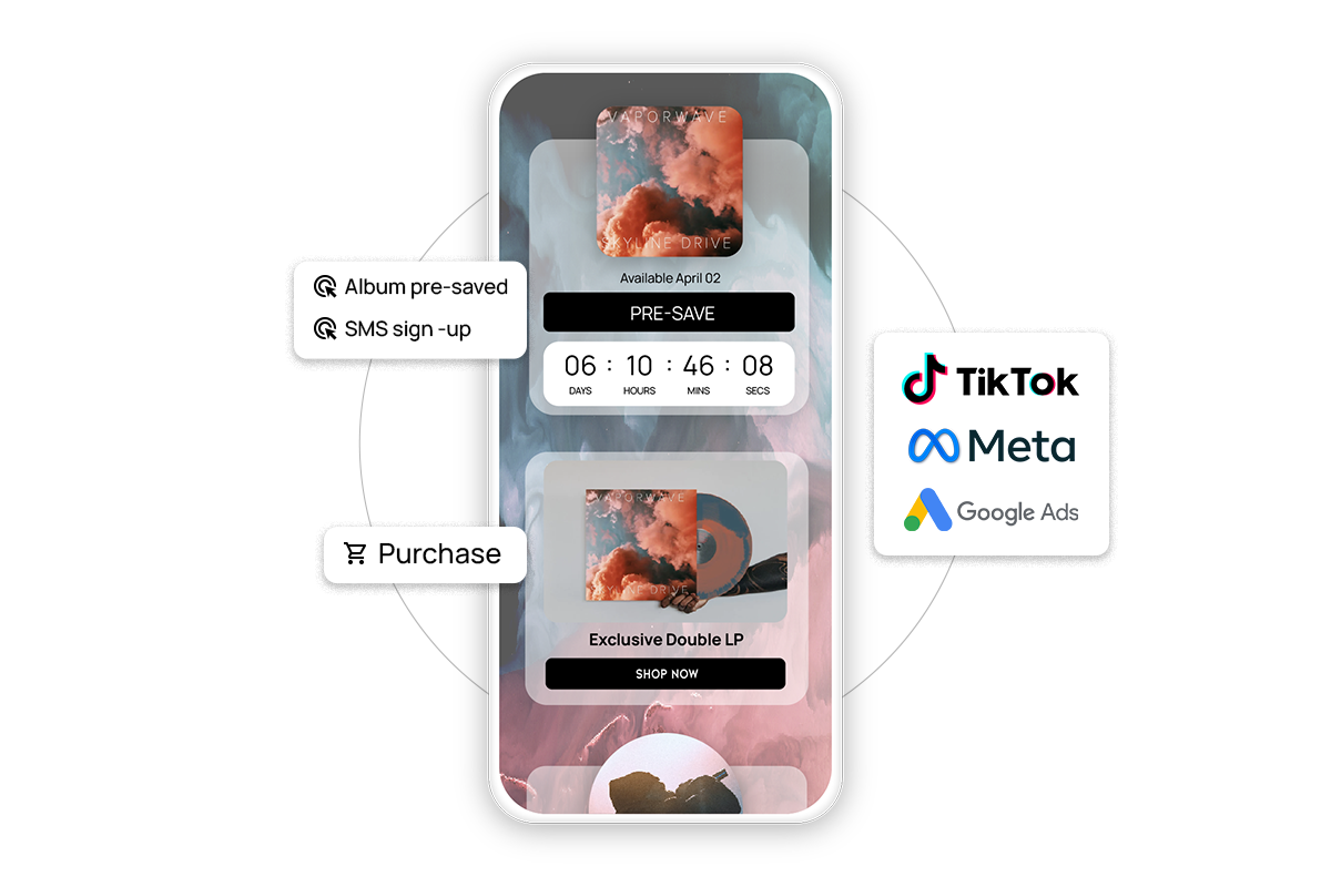 advertising retargeting campaign for music landing page with TikTok, Meta, and Google Ads