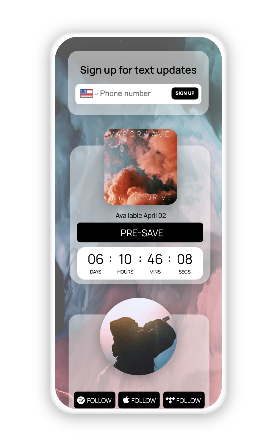 Artist landing page on mobile phone with pre-save and SMS sign up