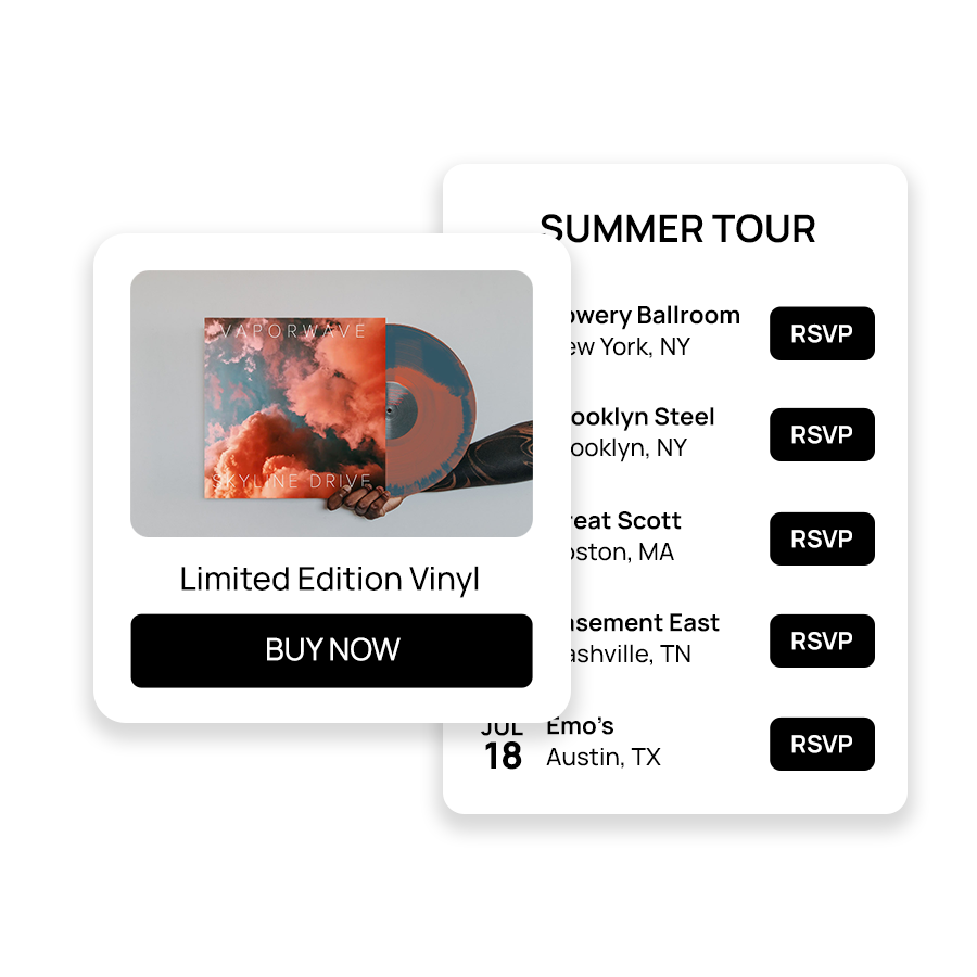 tour and merch embeds on music landing page